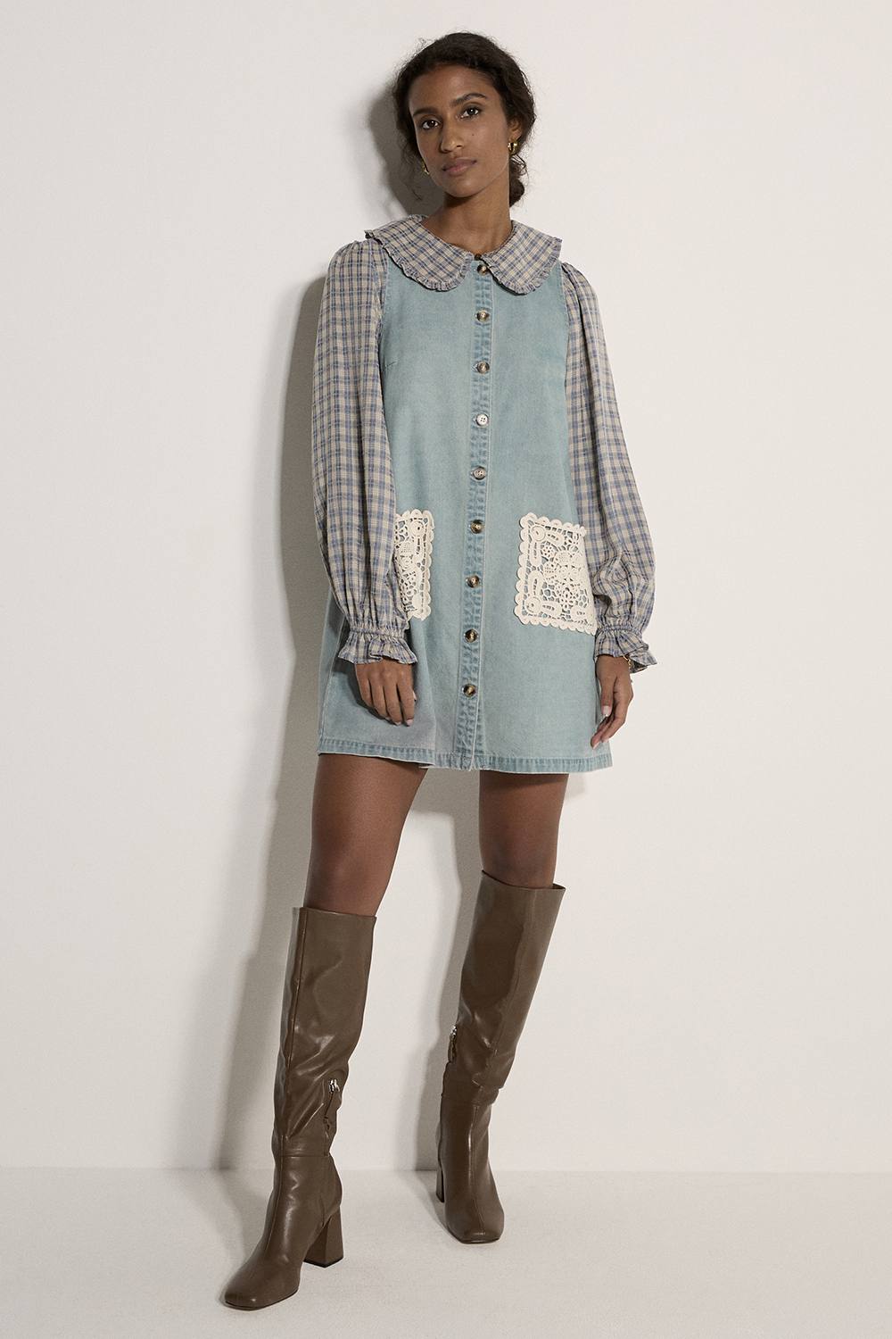 Apricot Denim Shift Crochet Pocket Mini Dress In Blue