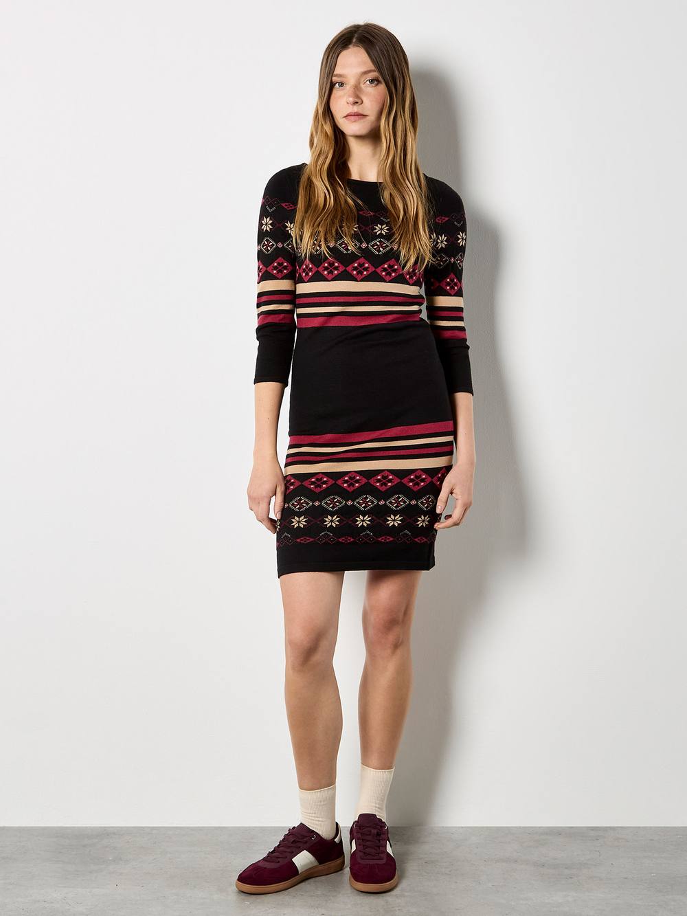 Apricot Folk Pattern Stripe Knitted Mini Dress In Black