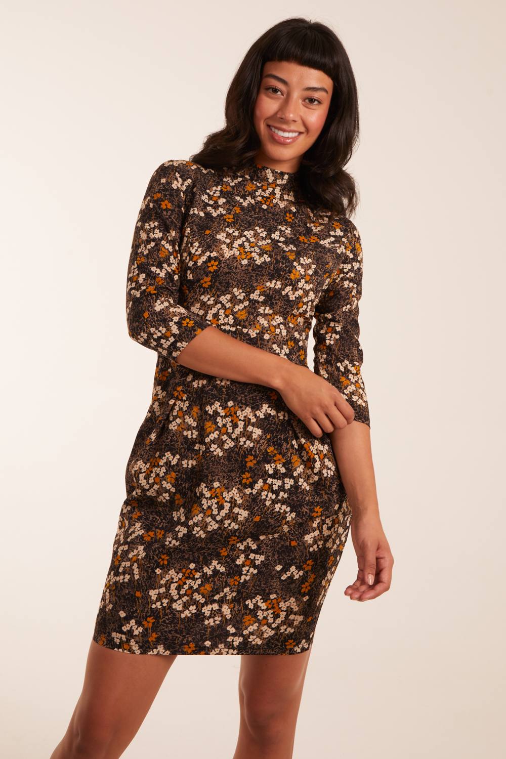 Blue Vanilla High Neck Sleeve Dress With Belt In Mustard