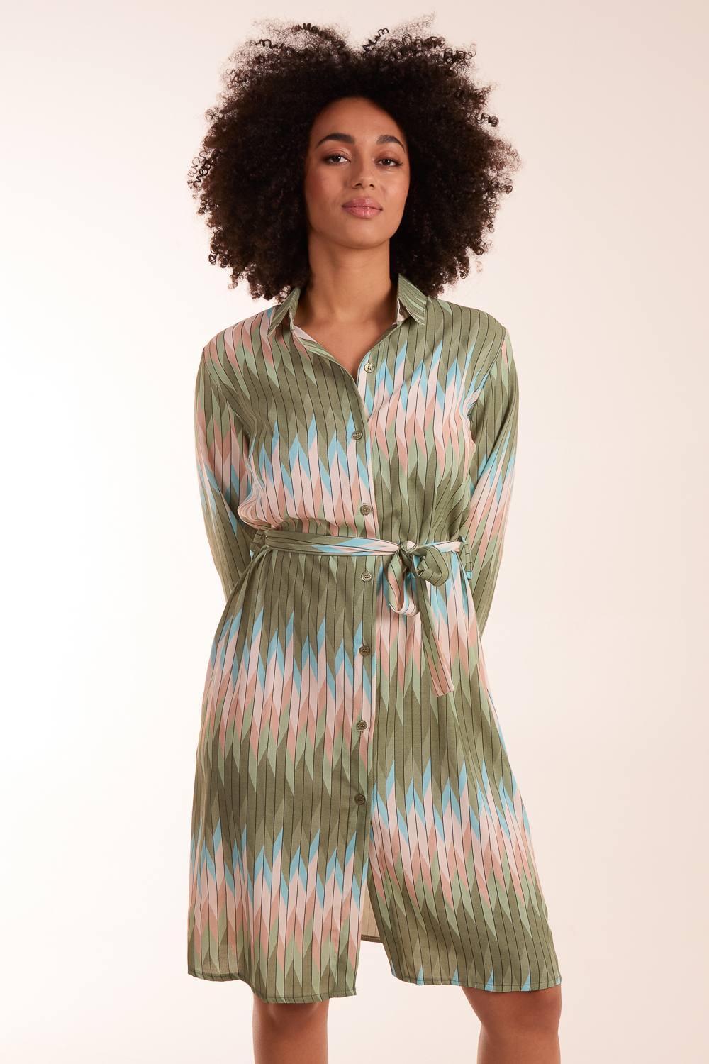 Blue Vanilla Zig Zag Print Shirt Dress In Khaki