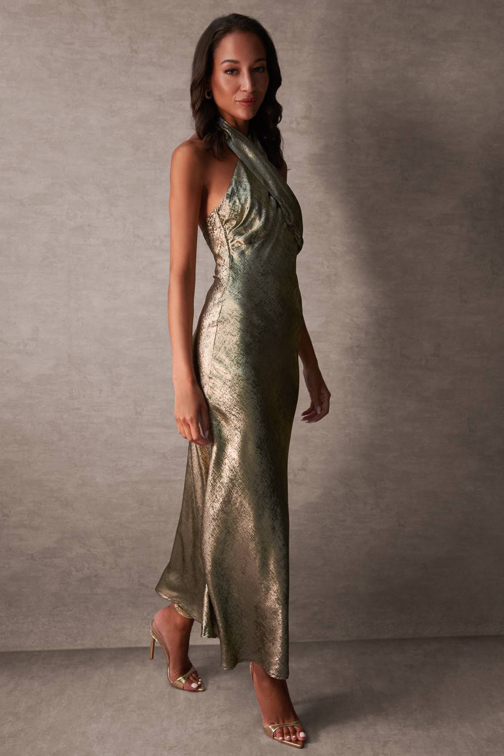 Blue Vanilla Luxe Gold Twist Halter Neck Maxi Dress