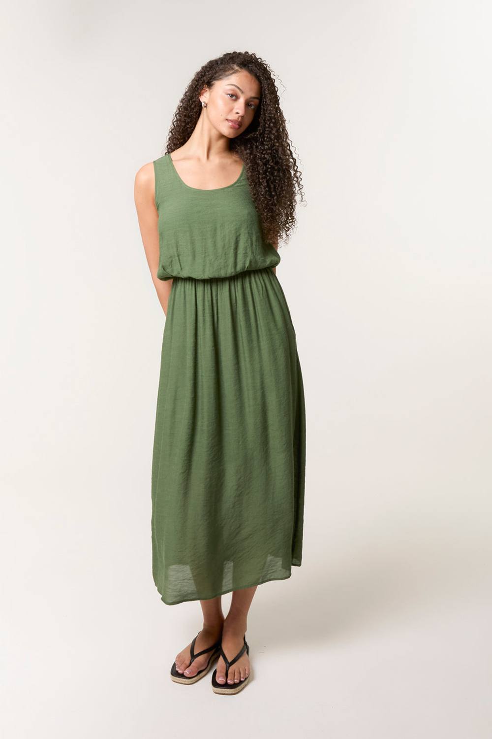 Blue Vanilla Khaki Plain Puff Ball Midi Dress