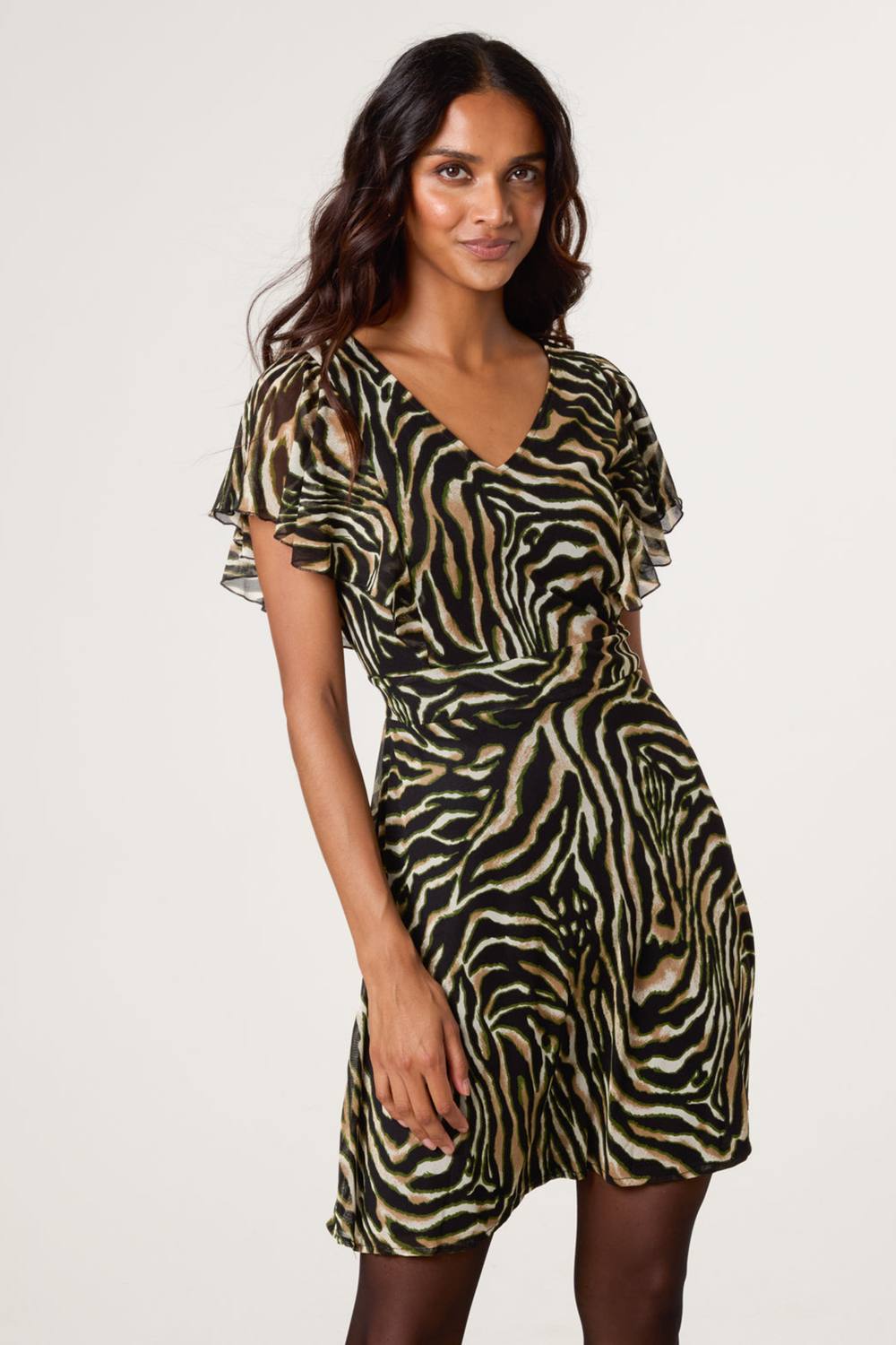 Blue Vanilla Brown Animal Print Frill V Neck Mini Mesh Dress
