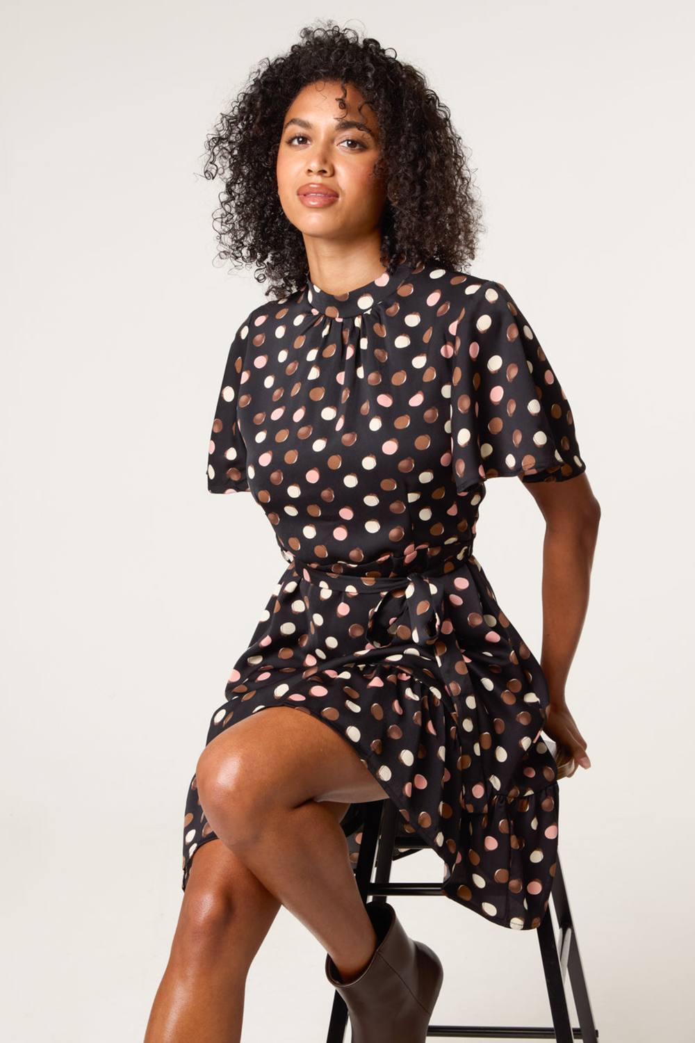 Blue Vanilla Multi Polka Dot High Neck Flippy Dress