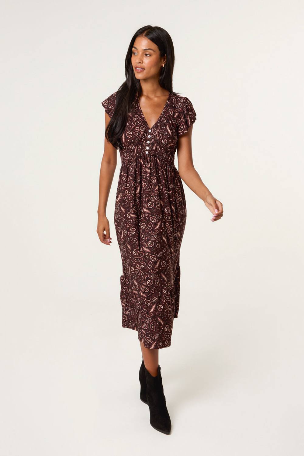 Blue Vanilla Brown V Neck Midi Dress With Button Front