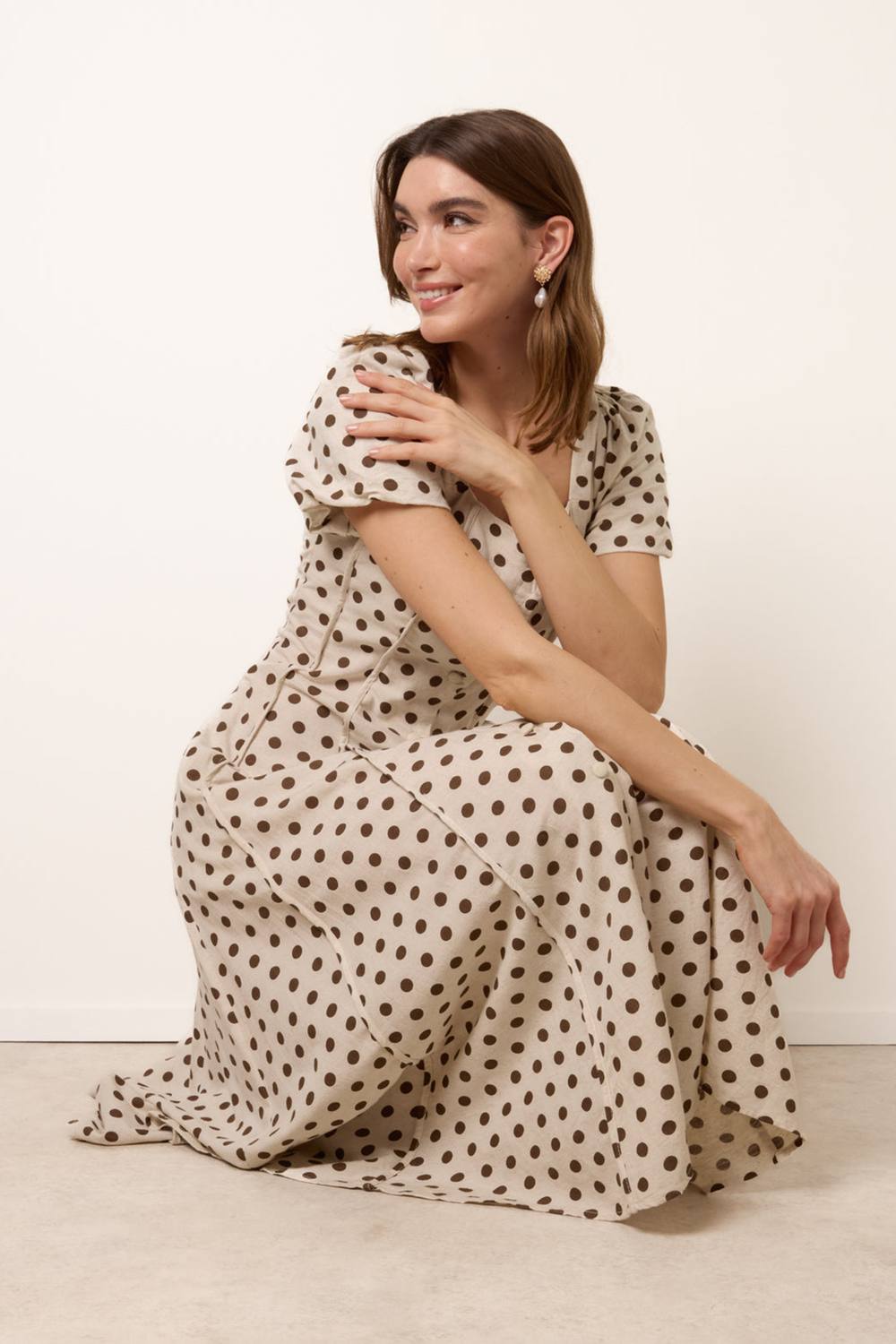 Blue Vanilla Off White Milkmaid Polka Dot Puff Sleeve Dress In Cream