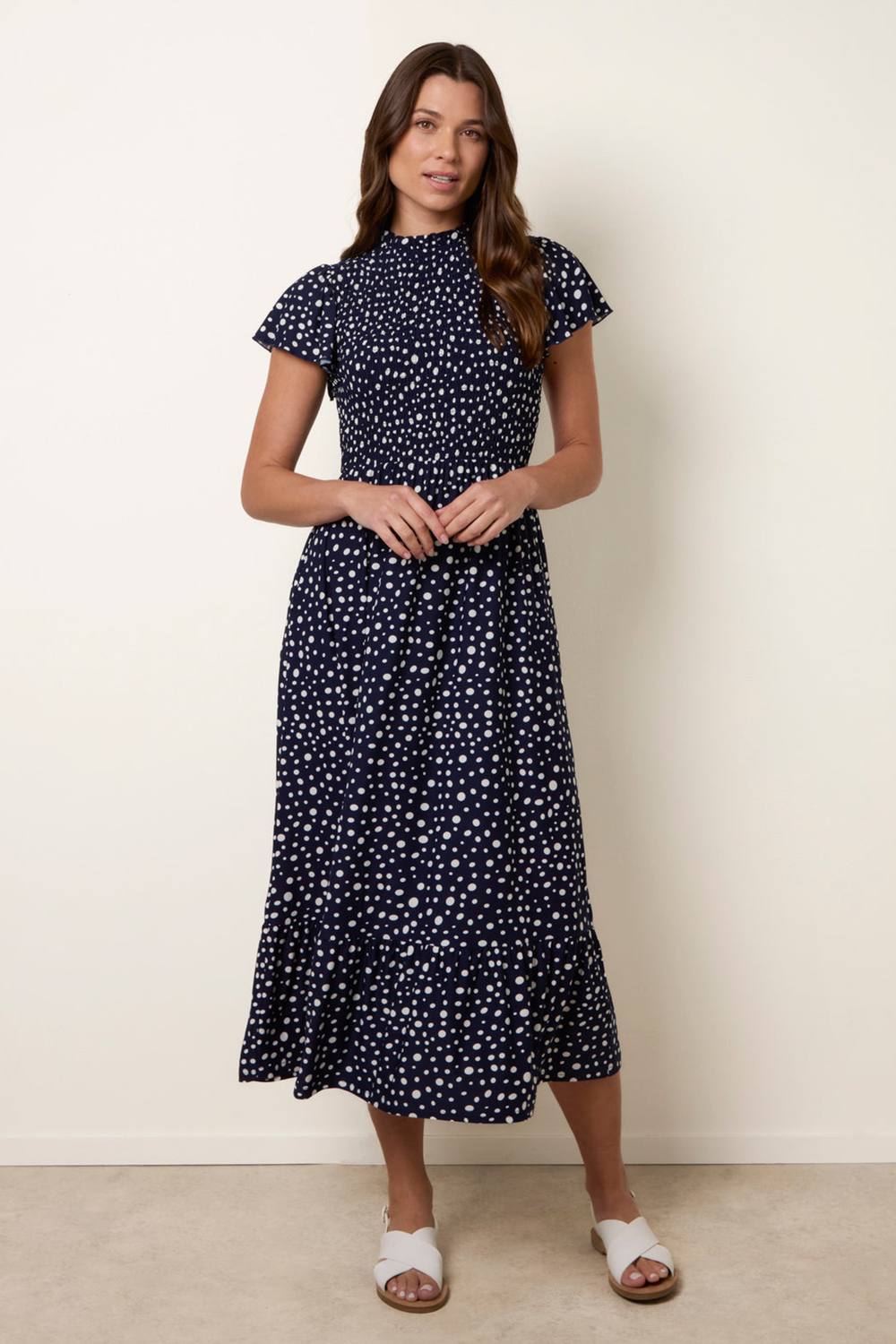 Blue Vanilla Navy Polka Dot Shirred Frill Neck Midi Dress