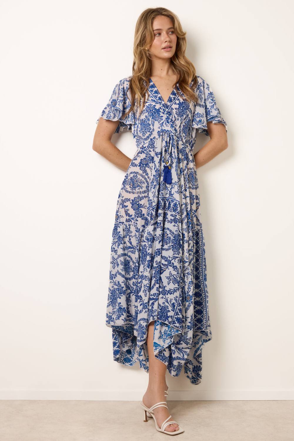 Blue Vanilla Navy Print Asymmetric Hem Wrap Dress In White