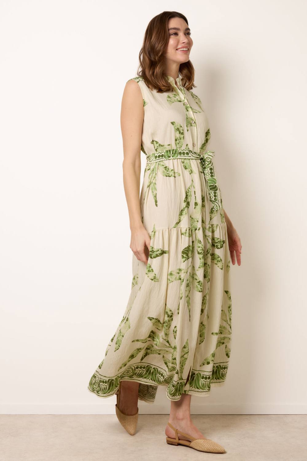Blue Vanilla Green Leaf Print Collarless Shirt Dress With Belted Waist In Cream