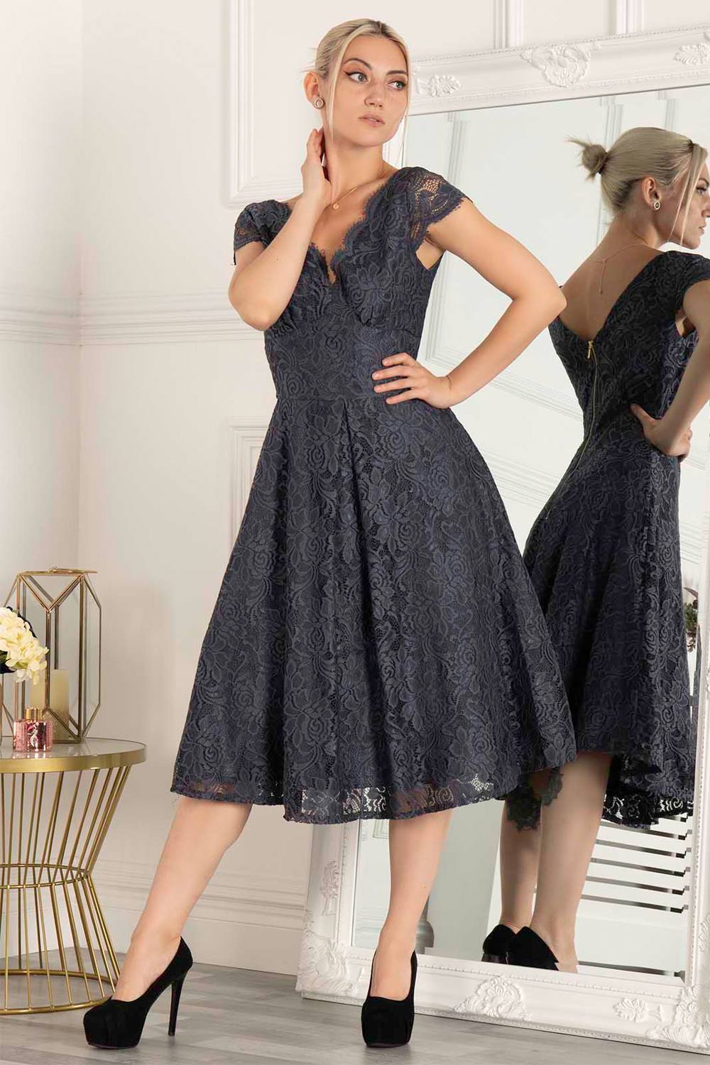 Jolie Moi Cap Sleeve S Lace Dress In Dark Grey