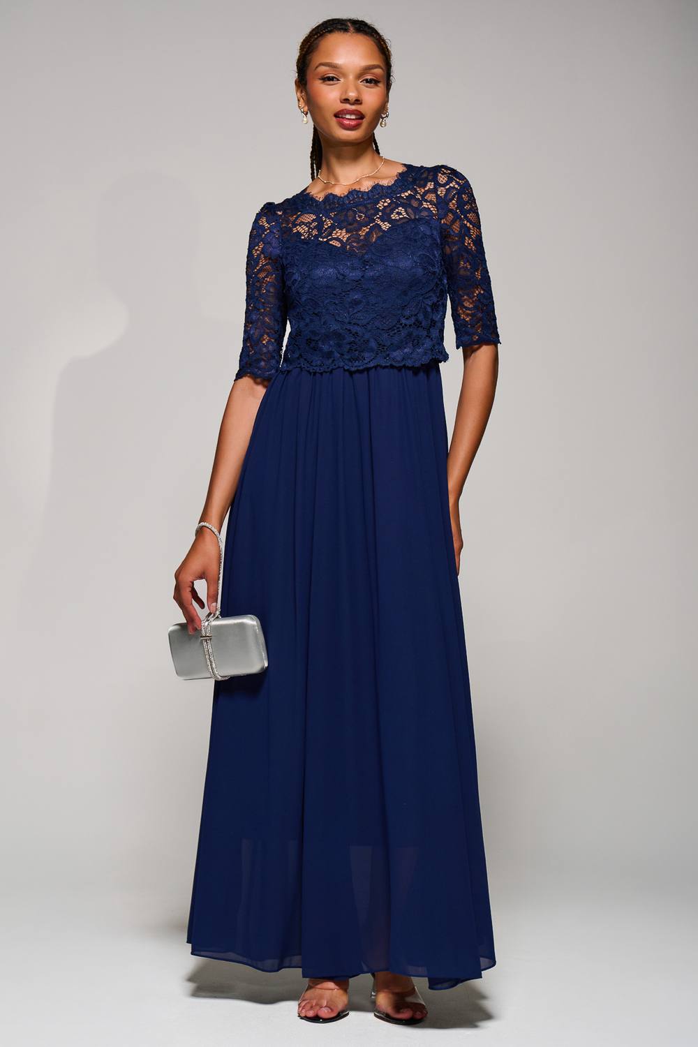 Jolie Moi Sleeved Lace Overlay Maxi Dress In Navy