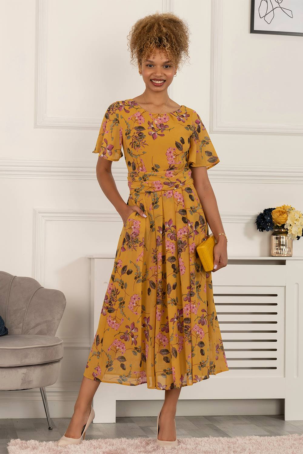 Jolie Moi Haylee Print Chiffon Maxi Dress In Yellow