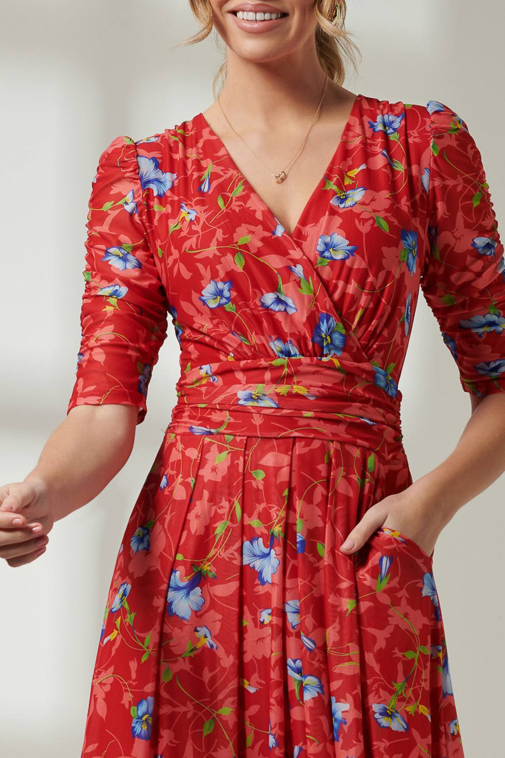 Jolie Moi Gavina Ruched Sleeve Mesh Maxi Dress In Red