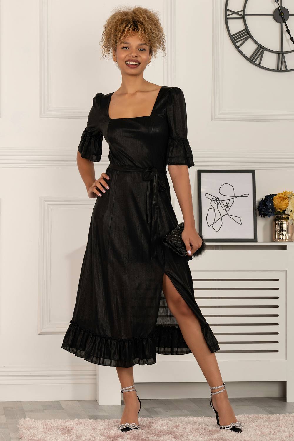 Jolie Moi Janice Square Neck Frill Midi Dress In Black