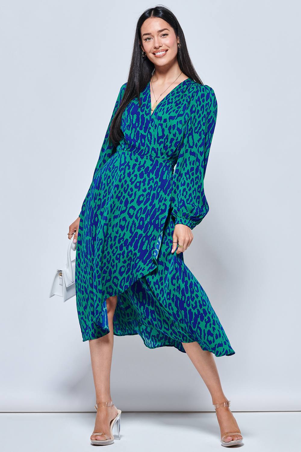 Jolie Moi Crepe Wrap Long Sleeve Midi Dress In Green