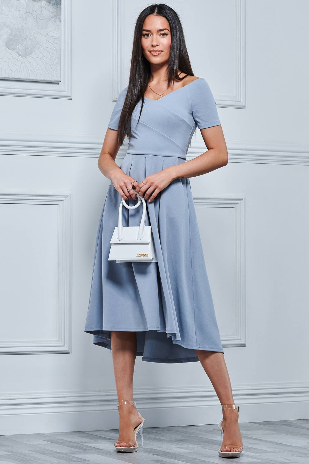 Jolie Moi Off The Shoulder Dip Hem Dress In Blue