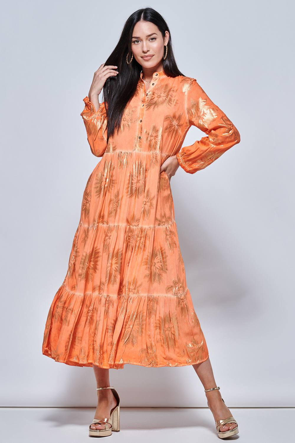 Jolie Moi Loose Fit Tiered Holiday Maxi Shirt Dress In Orange