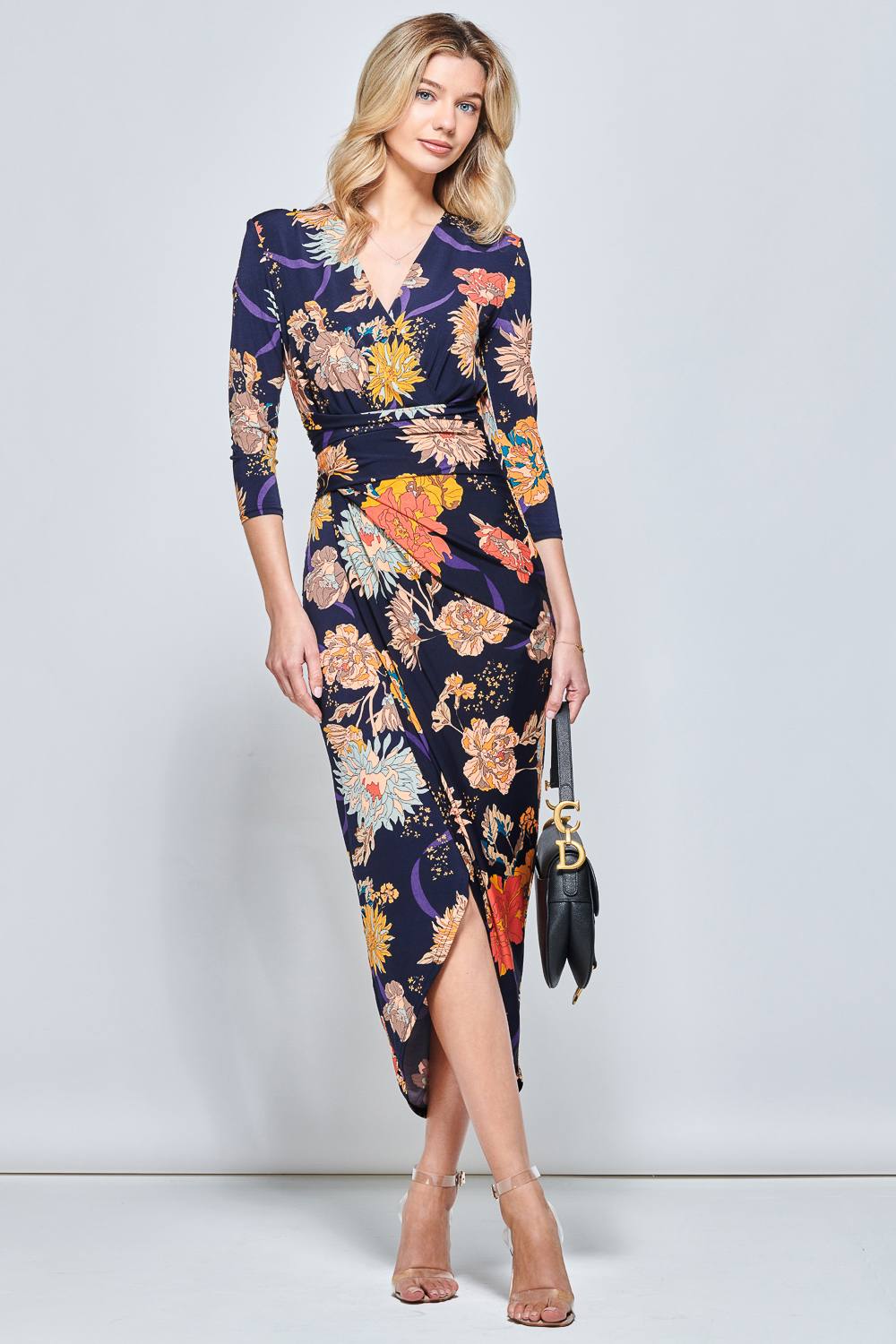 Jolie Moi Long Sleeve Wrap Front Bodycon Dress In Blue
