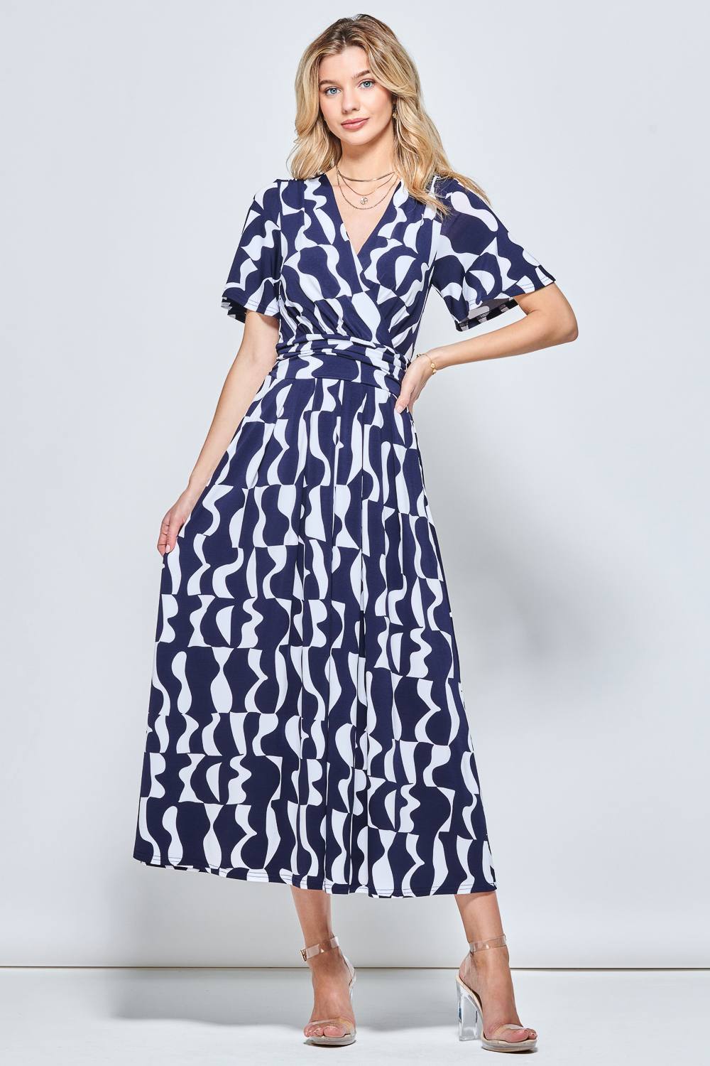 Jolie Moi Print Angel Sleeve Jersey Maxi Dress In Navy