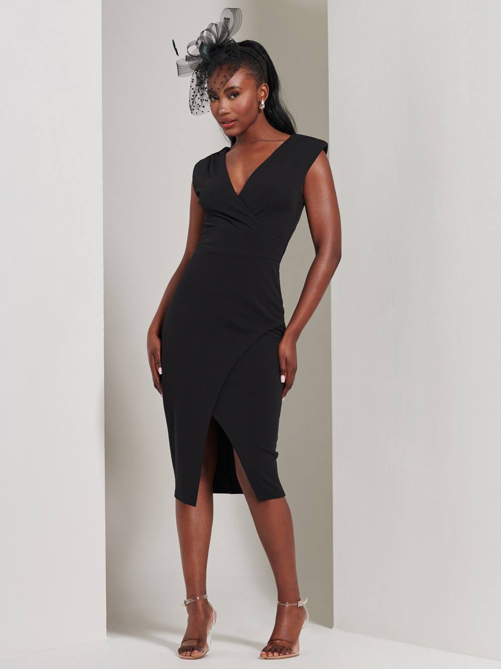 Jolie Moi Yseult V-Neck Split Bodycon Dress In Black