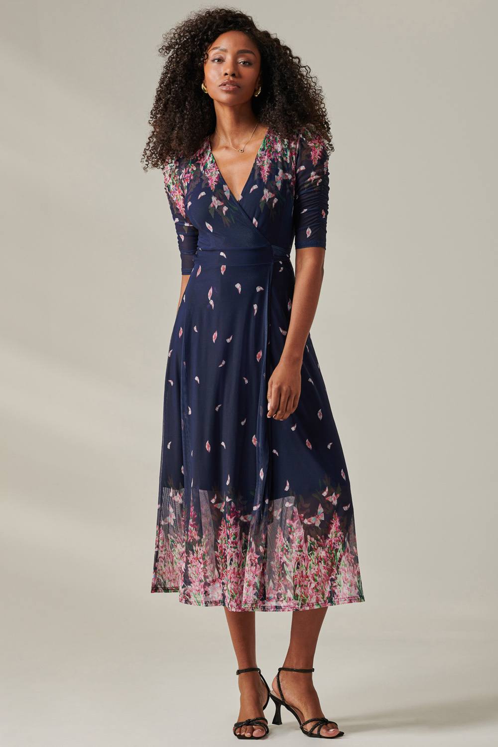 Jolie Moi Stella Floral Print Wrap Mesh Maxi Dress In Pink