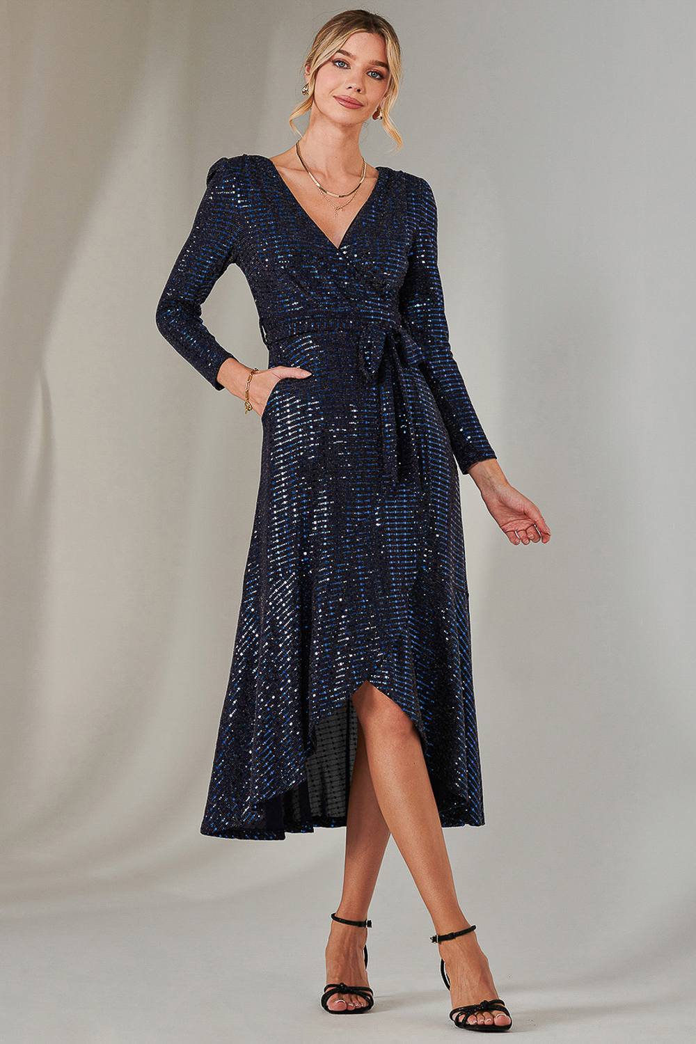 Jolie Moi Long Sleeve Metallic Spot Maxi Dress In Navy