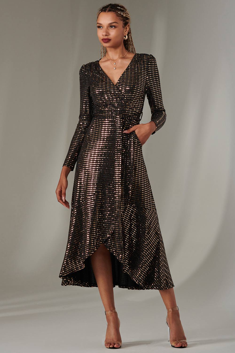 Jolie Moi Long Sleeve Metallic Spot Maxi Dress In Rose Gold