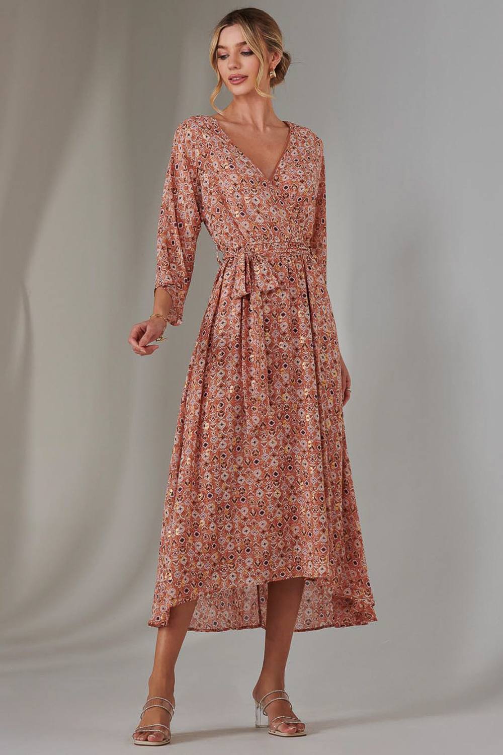 Jolie Moi Gold Spot Printed Chiffon Maxi Dress In Orange