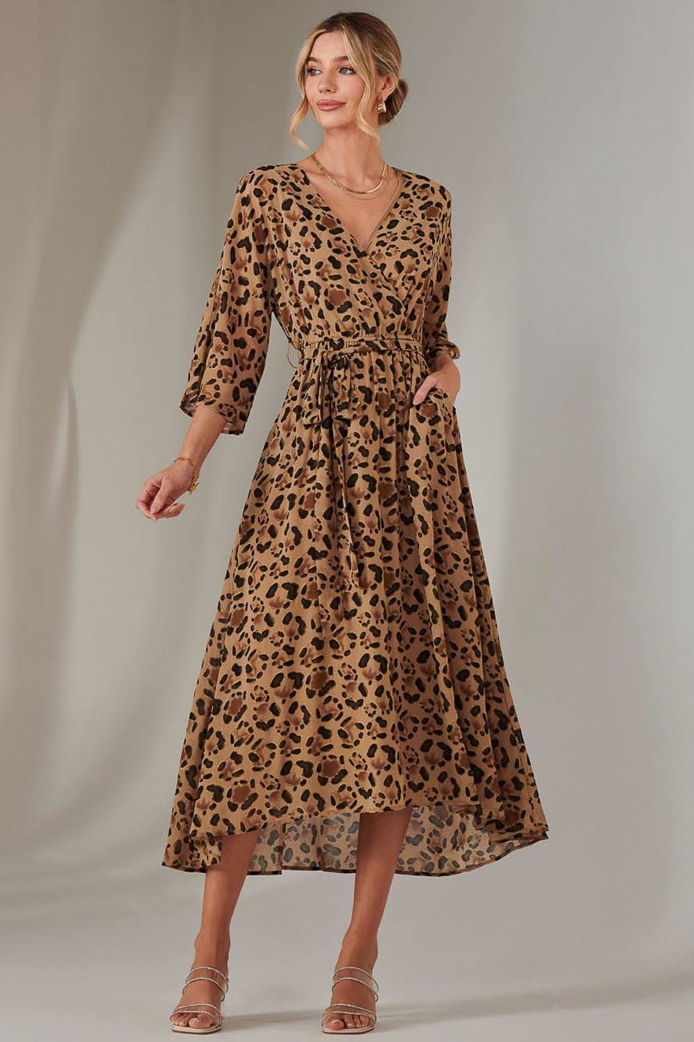 Jolie Moi Gold Spot Printed Chiffon Maxi Dress In Brown