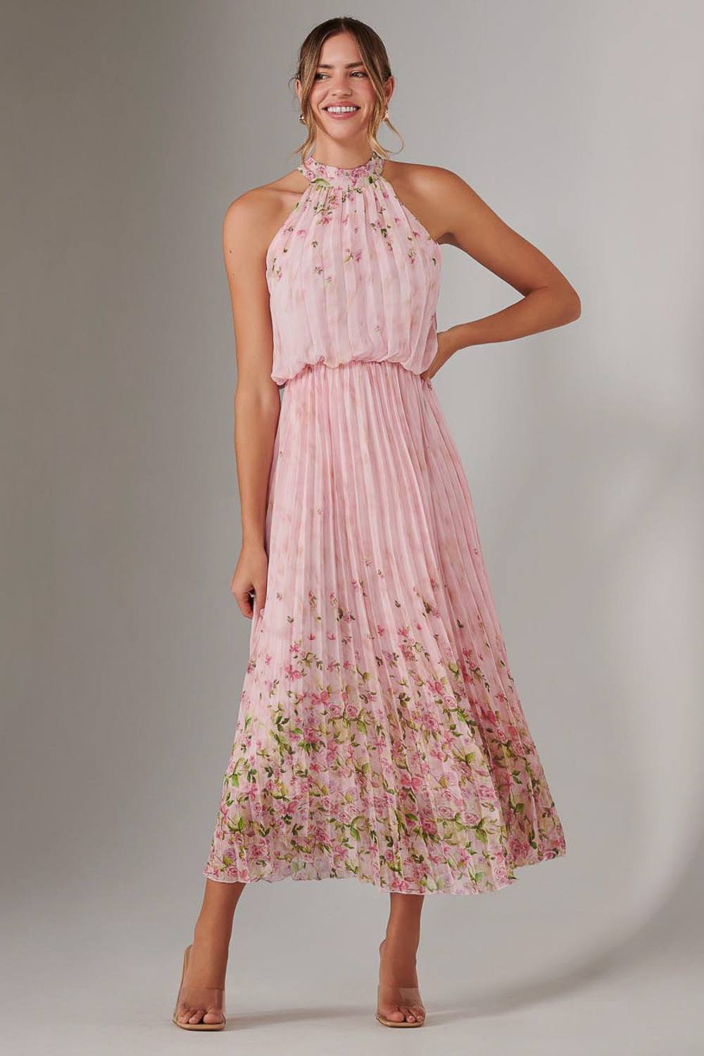 Jolie Moi Pleated Halterneck Maxi Dress In Pink