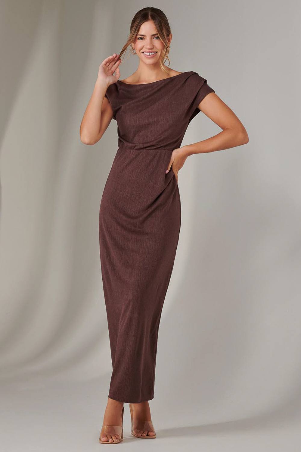 Jolie Moi Asymmetrical Bodycon Midaxi Dress In Brown