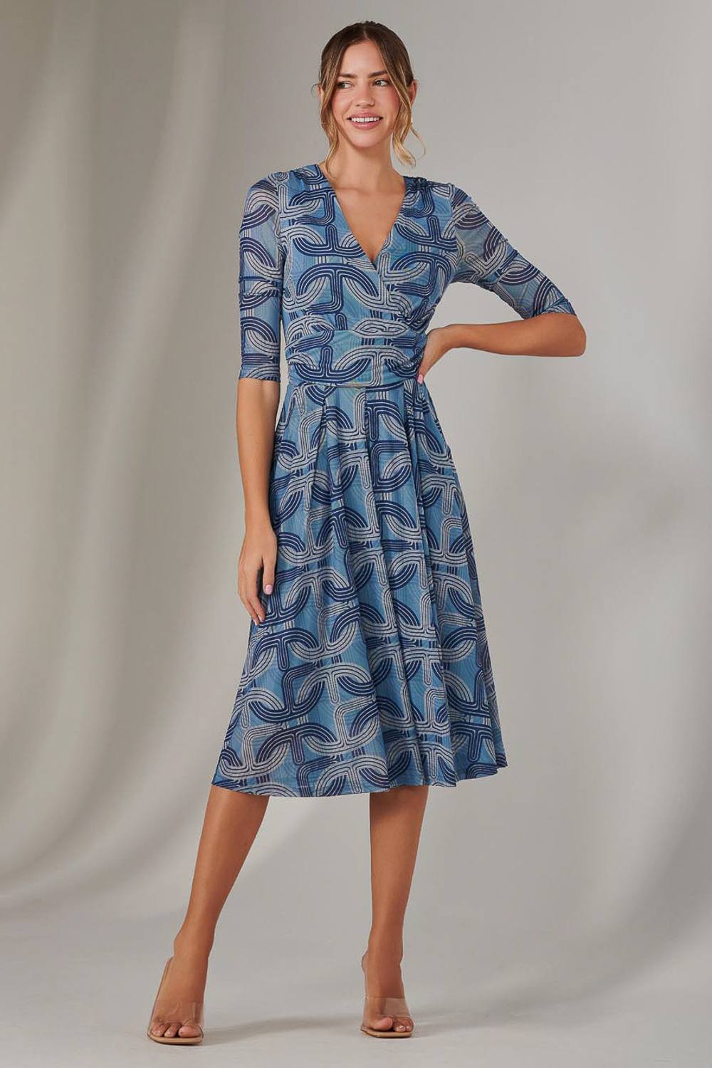Jolie Moi Mesh Wrap Midi Dress In Mid Blue