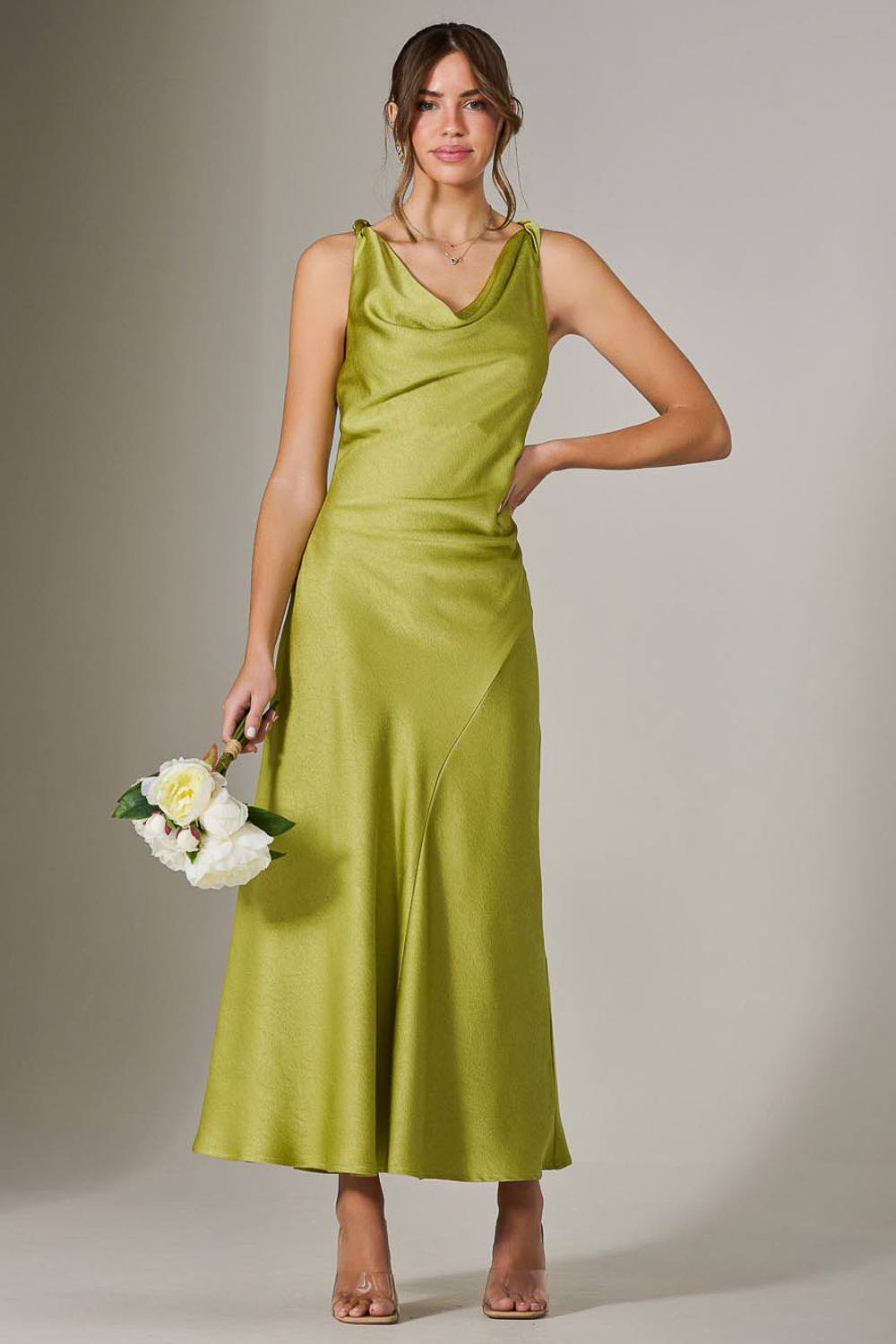 Jolie Moi Twisted Shoulder Cowl Neck Midaxi Dress In Bright Green