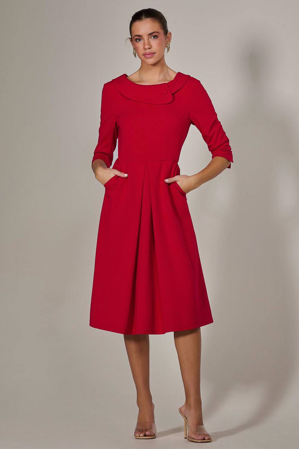 Jolie Moi Roll Collar Long Sleeve Midi Dress In Red