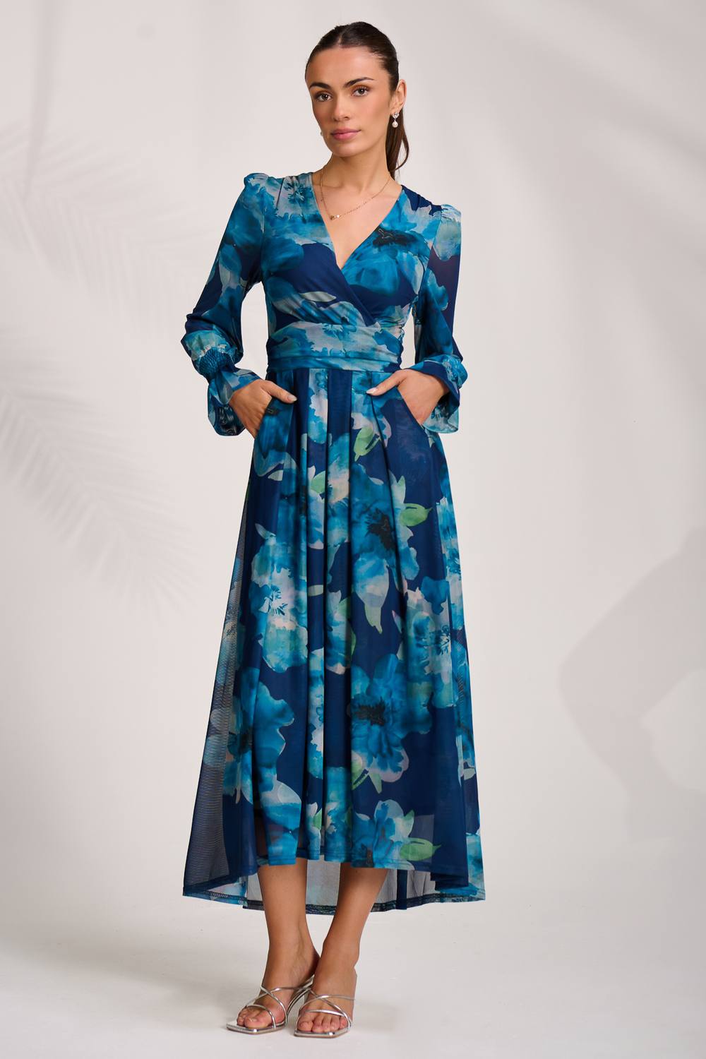 Jolie Moi Long Sleeve V Neck Mesh Maxi Dress In Blue