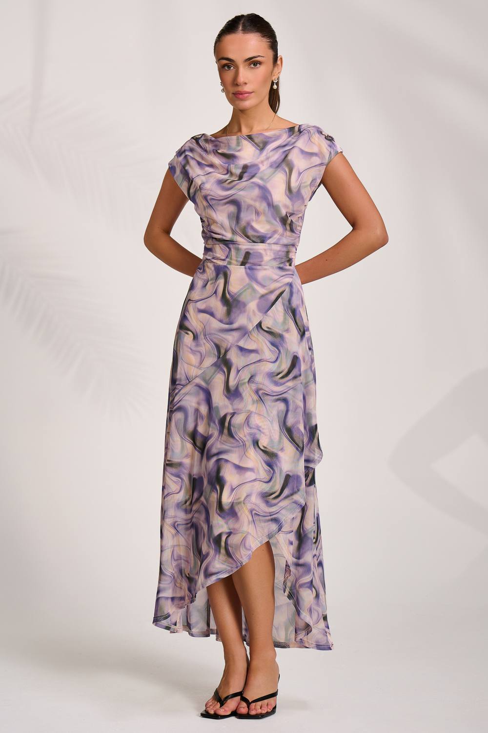 Jolie Moi Asymmetric Draped Mesh Maxi Dress In Purple