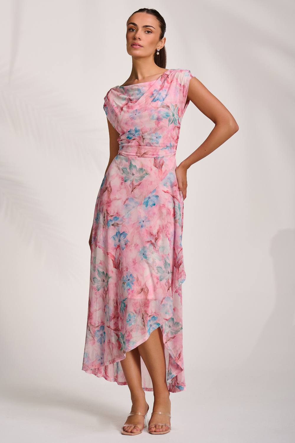 Jolie Moi Asymmetric Draped Mesh Maxi Dress In Pink