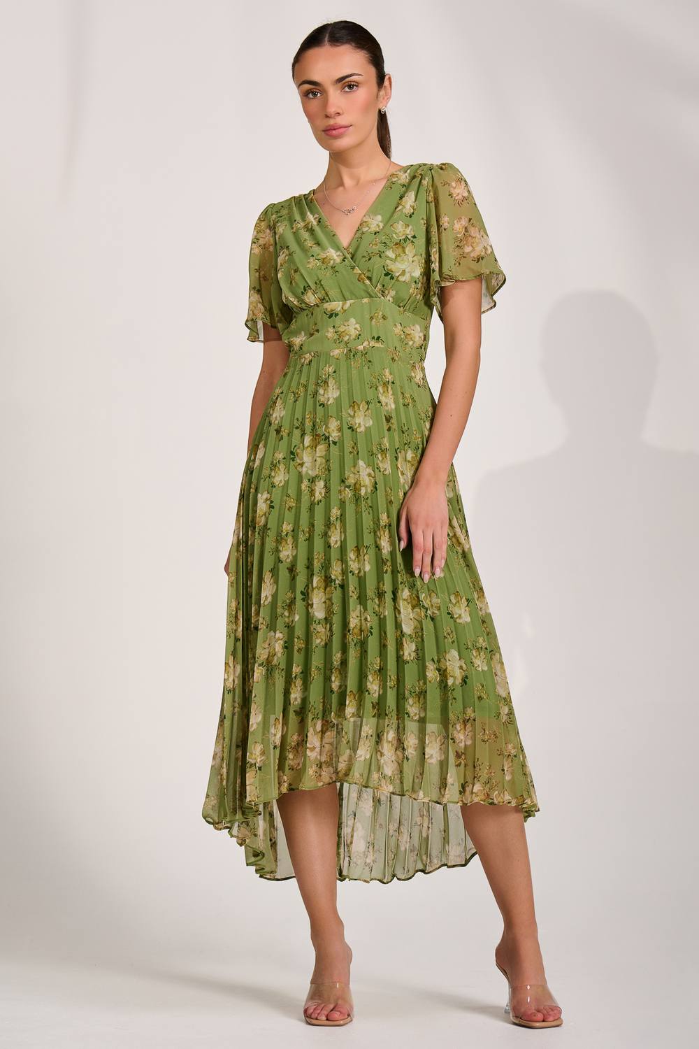 Jolie Moi Chiffon Pleated Maxi Dress In Bright Green