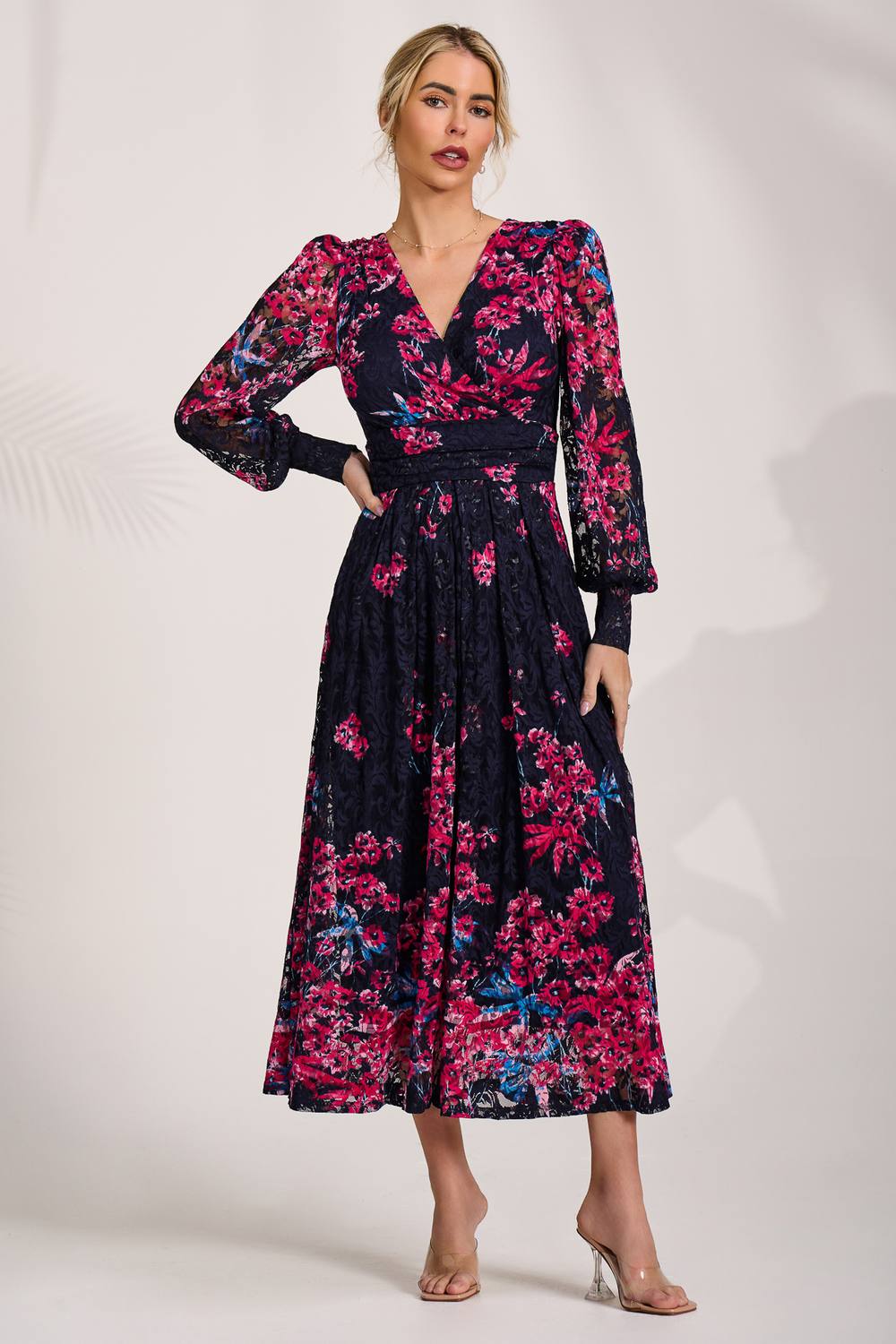 Jolie Moi Long Sleeve Printed Lace Maxi Dress In Midnight