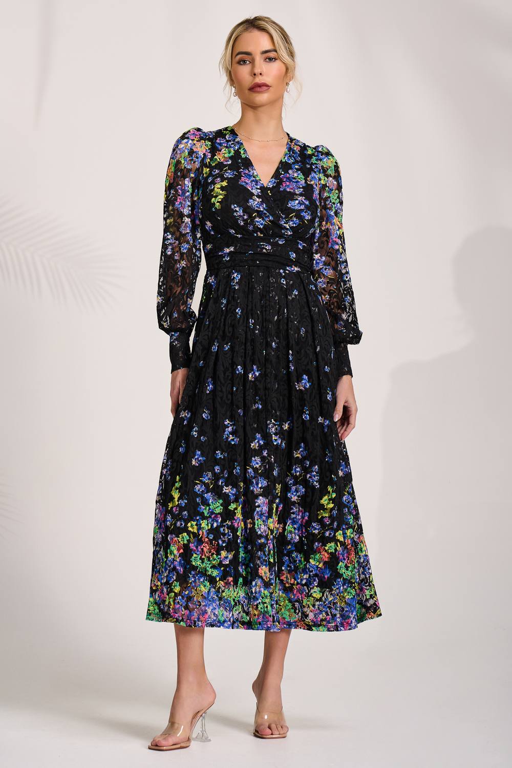 Jolie Moi Long Sleeve Printed Lace Maxi Dress In Mid Navy