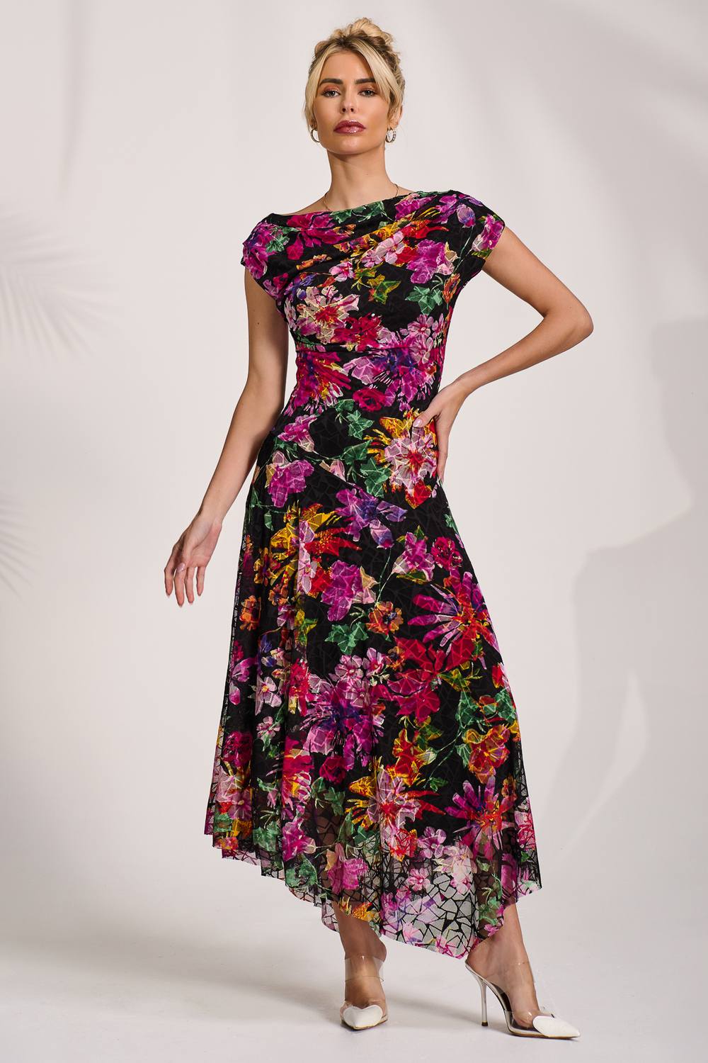 Jolie Moi Asymmetric Draped Print Lace Maxi Dress In Black