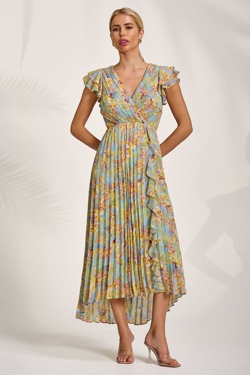 Jolie Moi Pleated Chiffon Dip Hem Maxi Dress In Light Blue