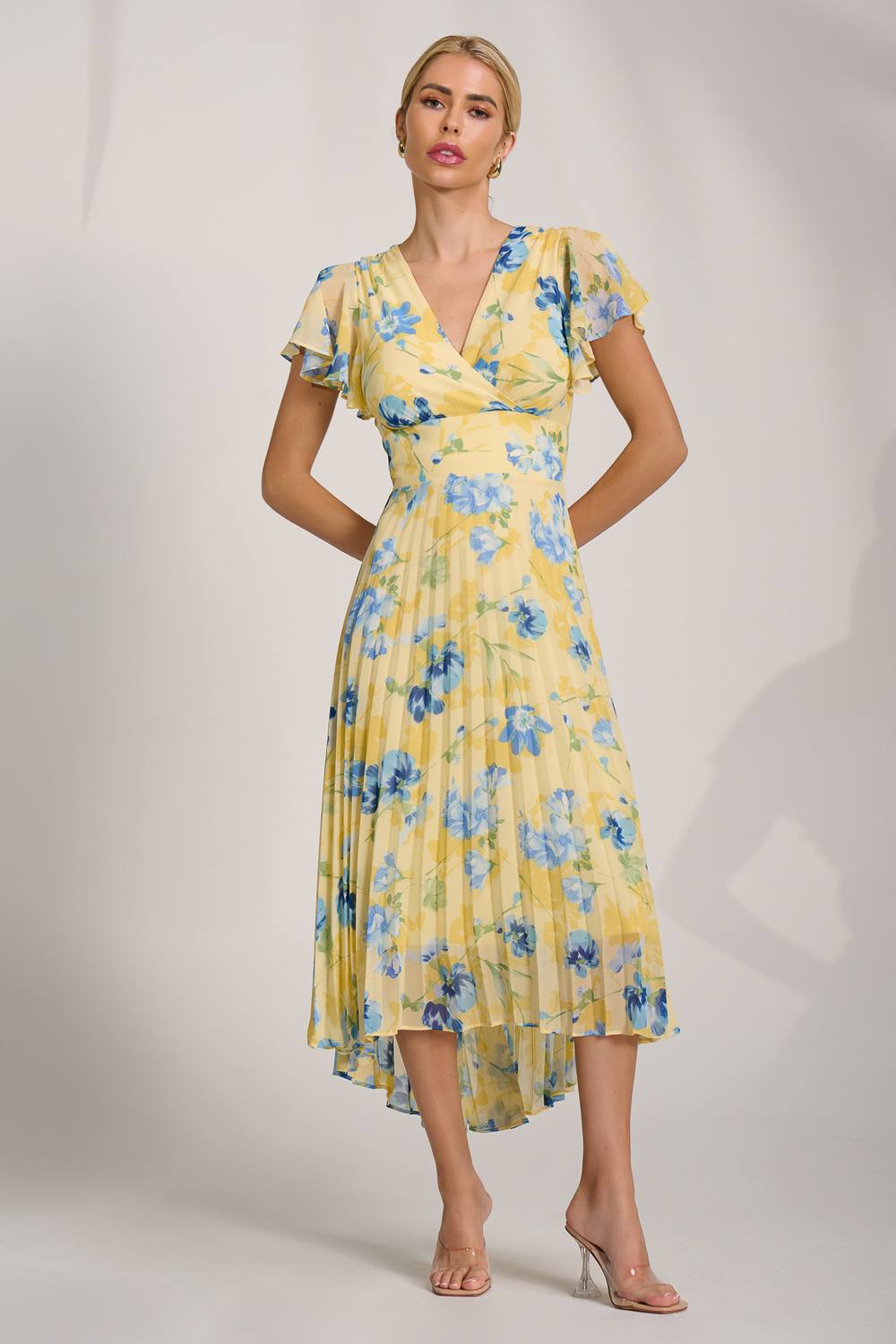 Jolie Moi Cap Sleeve Pleated Chiffon Maxi Dress