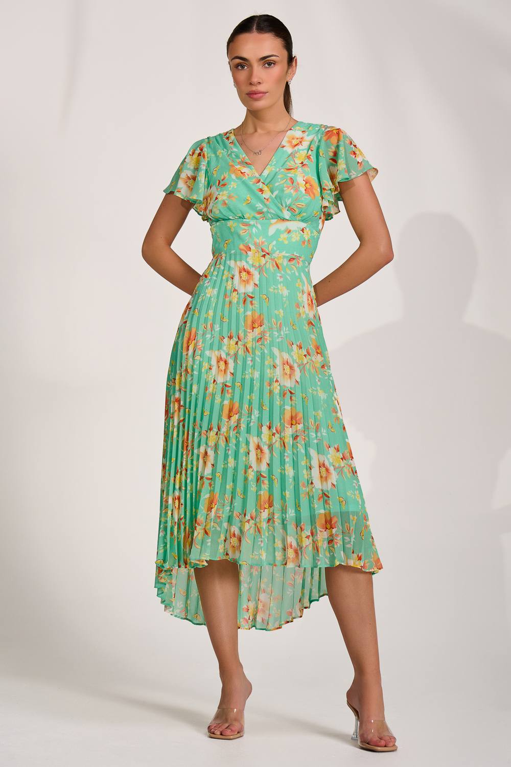 Jolie Moi Cap Sleeve Pleated Chiffon Maxi Dress In Bright Green