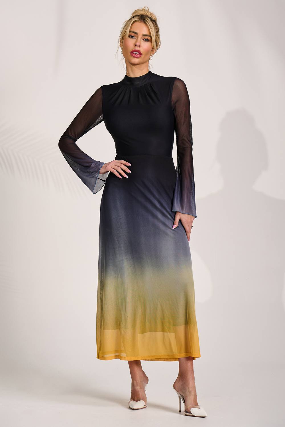 Jolie Moi Long Sleeve High Neck Mesh Dress