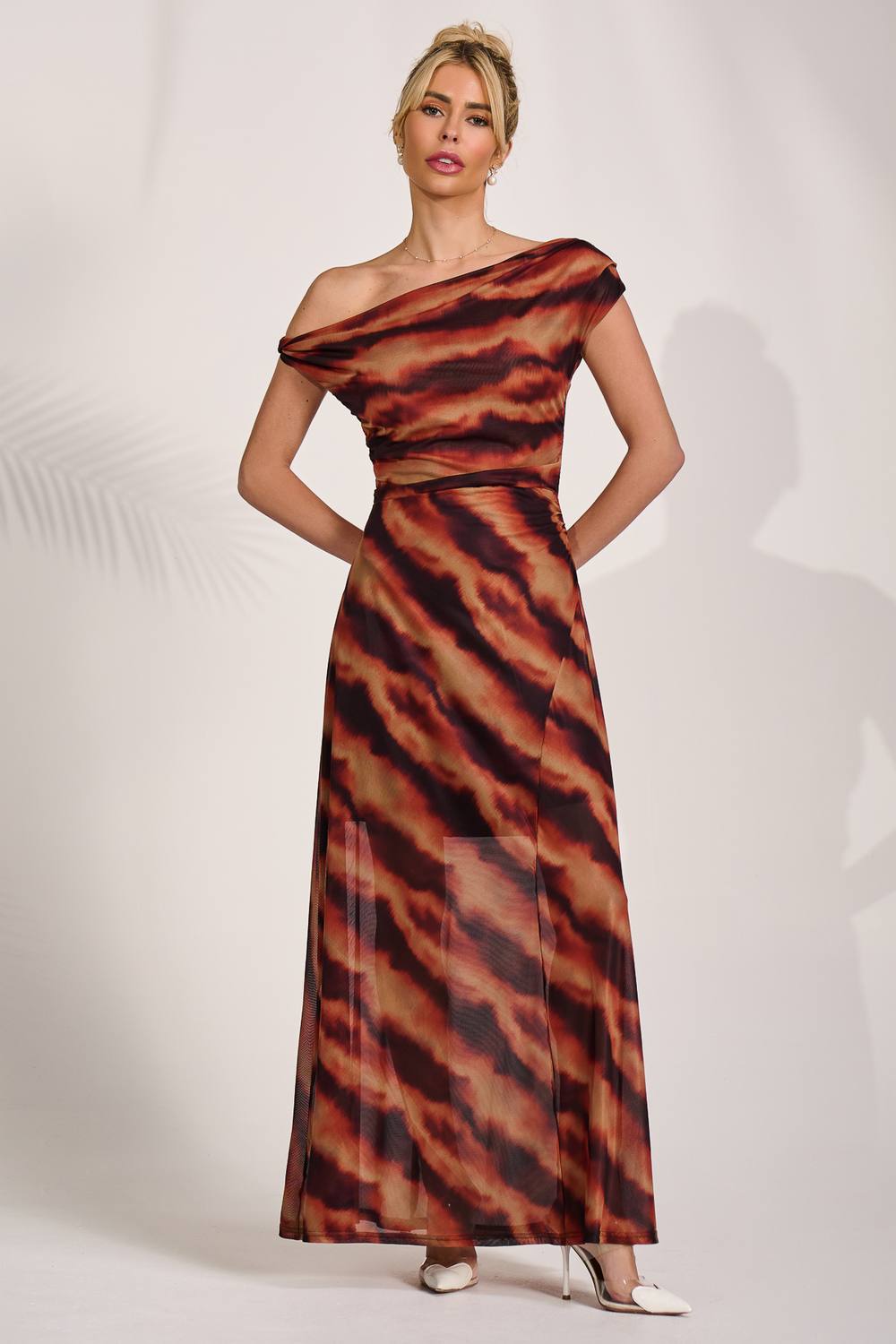 Jolie Moi Mesh Asymmetrical Off-Shoulder Maxi Dress In Orange