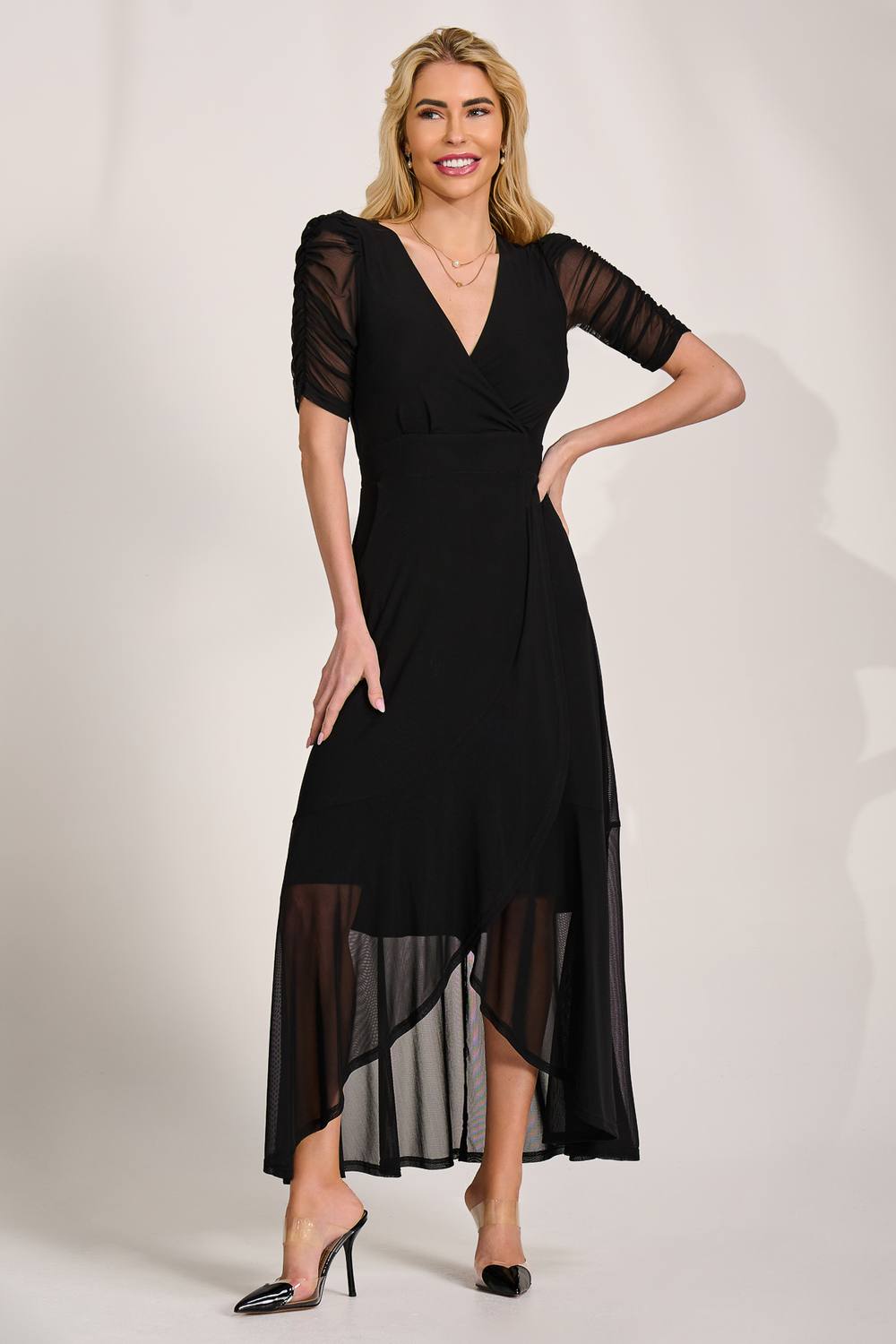 Jolie Moi Ruched Sleeve Mesh Maxi Dress In Black