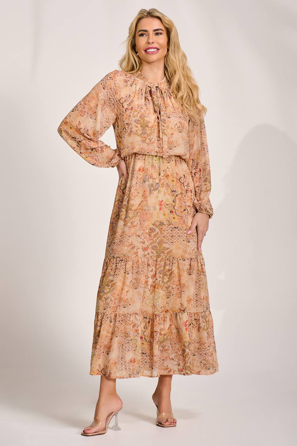 Jolie Moi Chiffon Long Sleeve Tiered Maxi Dress In Burnt Orange