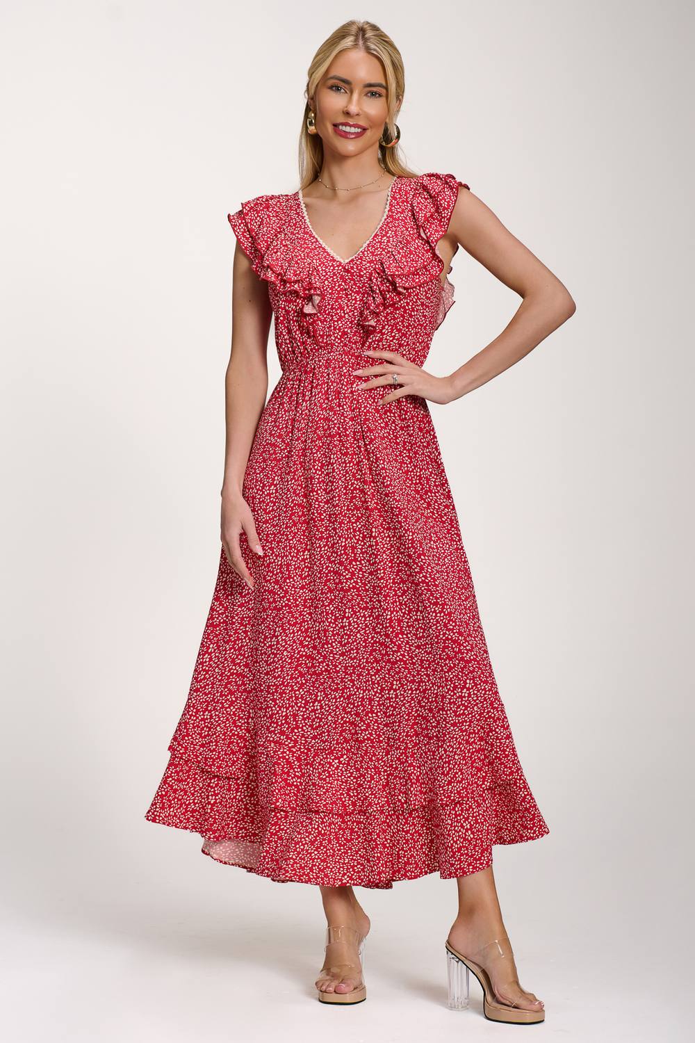 Jolie Moi Ruffle V-Neck Viscose Midi Dress In Red