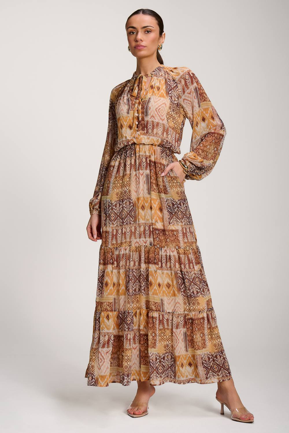 Jolie Moi Long Sleeve Chiffon Tiered Maxi Dress